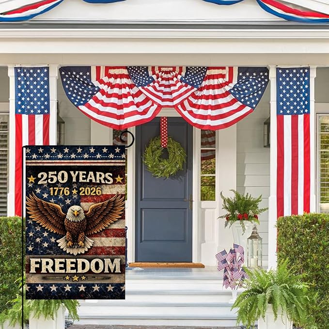 BLKWHT 250 Years America Garden Flag 12x18 Vertical Double Sided 1776-2026 USA 250th Anniversary Freedom Eagle Banner 4th of July Patriotic Outside Decorations Burlap Yard Flag BW864