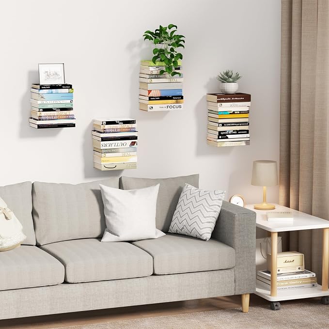 Mefirt 8 Tier Black Invisible Floating Bookshelves for Wall | Vertical Spine Book Tower, Heavy Duty Floating Book Shelves Metal Book Organizers for Home Office, 4 Pack