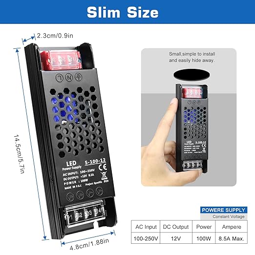 12V Power Supply 100W 8.3A Slim LED Driver, AC 100-250V to DC 12V Switching Power Supply, Constant Voltage Transformer for LED Strip Lights, Cabinet Lighting, CCTV Camera