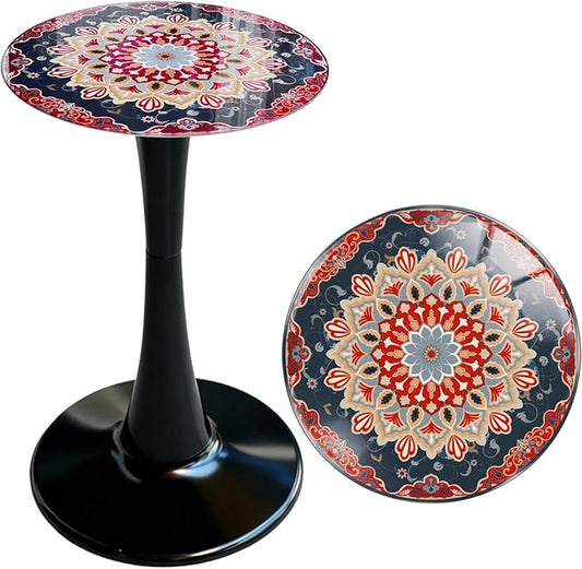 Simmer Stone 13.4" Outdoor Side Table, Round Patio Bistro Table Printed Tempered Glass Top, Waterproof Rust-Proof Base, Small Plant Stand for Balcony, Garden, Deck, 21.6" H (Ochre Color)