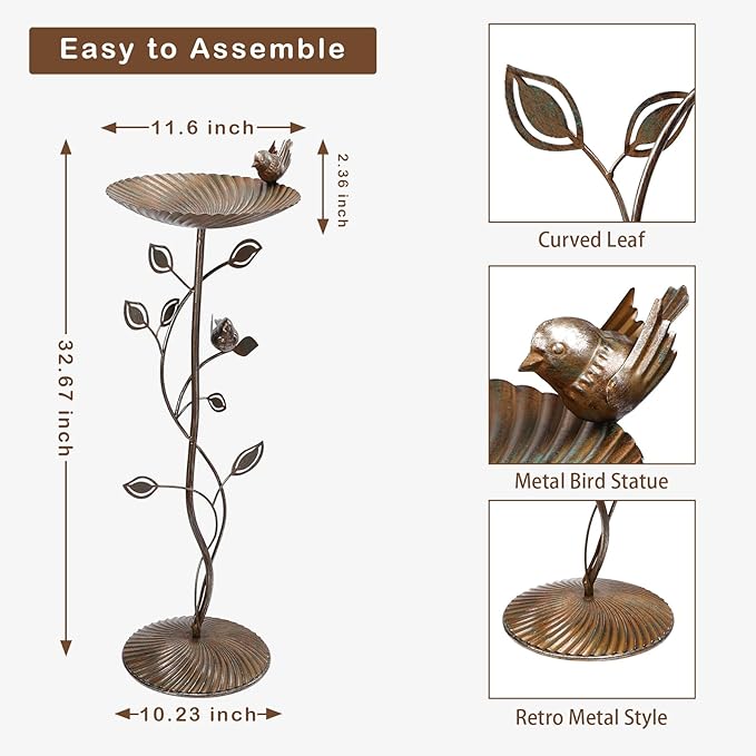 VCUTEKA Bird Baths for Outdoor, Metal Garden BirdBath with Bird Statue and Detachable Bird Bath Bowl for Yard Patio Lawn Decor, Brown