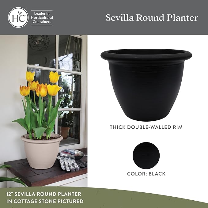 The HC Companies Sevilla Flower Planters - Outdoor & Indoor Planter - Round Self Watering Plant Pots for Herbs & More (16”, Black, Pack of 2)