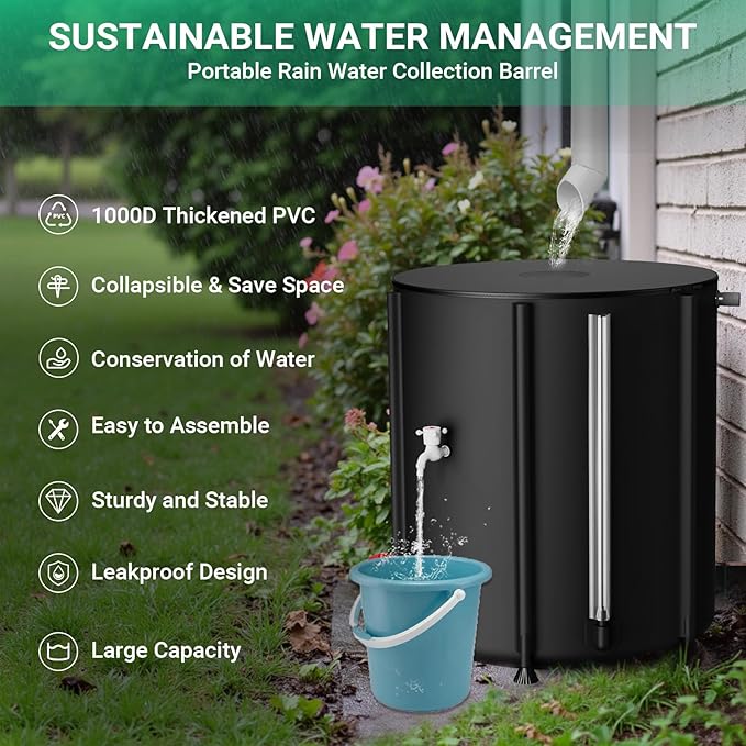 SKM 53 Gallon Collapsible Rain Barrel, PVC Rainwater Collection System Water Tank Storage, Portable Rain Water Collection Barrel for Outside/Lawn/Garden, Container with Overflow Kit & Spigot, Black