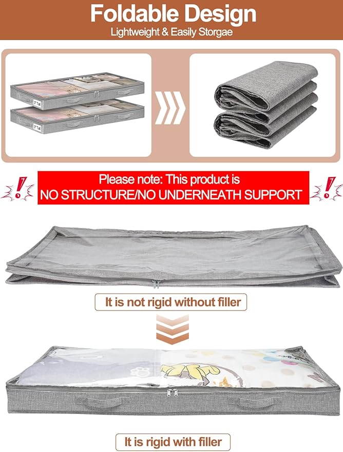 punemi Low-Profile Under Bed Storage Containers, 20 x 40 x 3 in, 4 Pack