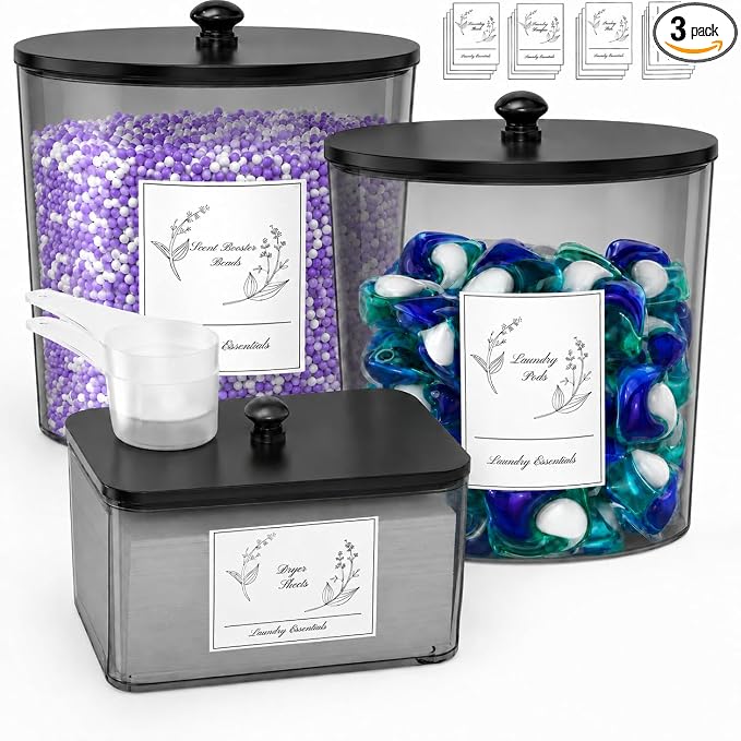 COAZEX 3 Pack Black Laundry Powder Container & Dryer Sheet Holder,Black Lid | All Black Design, Wide Mouth Organization, 2 Scoops & 16 Labels, For Detergent Powder, Pods, Scent Beads, Laundry Storage