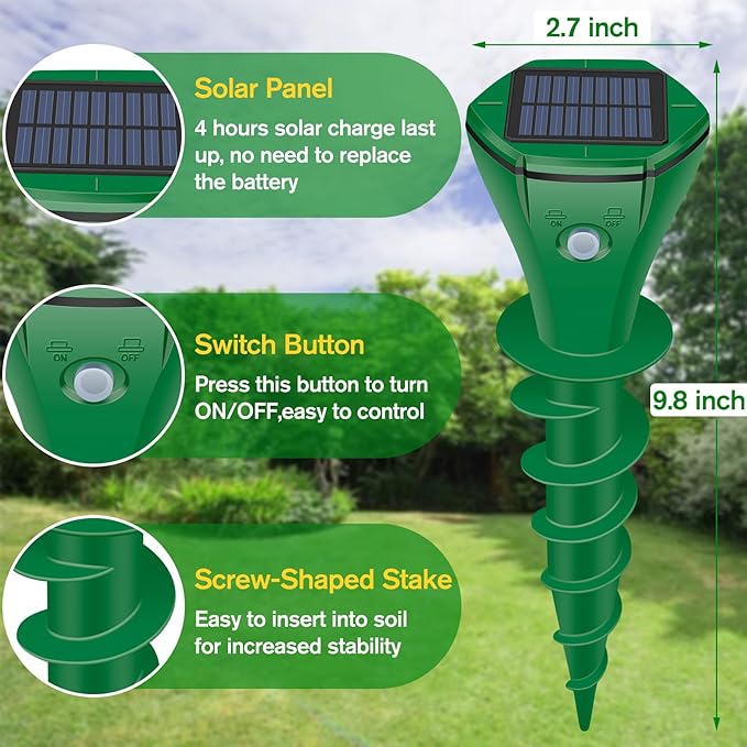Mole Repellent Solar Powered, 2 Pack Ultrasonic Gopher Repeller IP65 Waterproof for Lawn Garden Yard, Sonic Vole Repellent Mole Killer Outdoor Get Rid of Snake Groundhog Chipmunk Squirrels-Dark Green