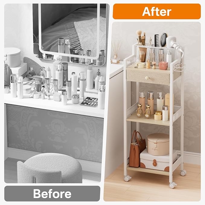 3 Tier Bathroom Organizer Shelf with Drawer, Rolling Makeup Cart | Large Make up Organizers, Cosmetics Display Cases for Hair Tool, Skincare, Kitchen, Bedroom, Laundry Room, Dorm, 12.8in