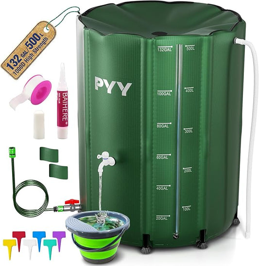 PYY Rain Water Collection Barrel 132 Gallon - Water Storage Tank with Spigots, Hose and Portable Bucket, Large Plastic Collapsible Rain Catcher Catchment System to Collect Rainwater from Gutter