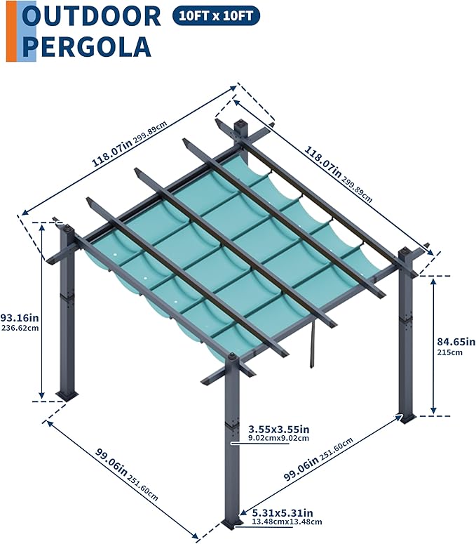 GarveeLife 10x10 ft Outdoor Pergola Metal Pergola with Adjustable Canopy Reinforced Frame Outdoor Shelter for Backyard Garden Deck - Blue