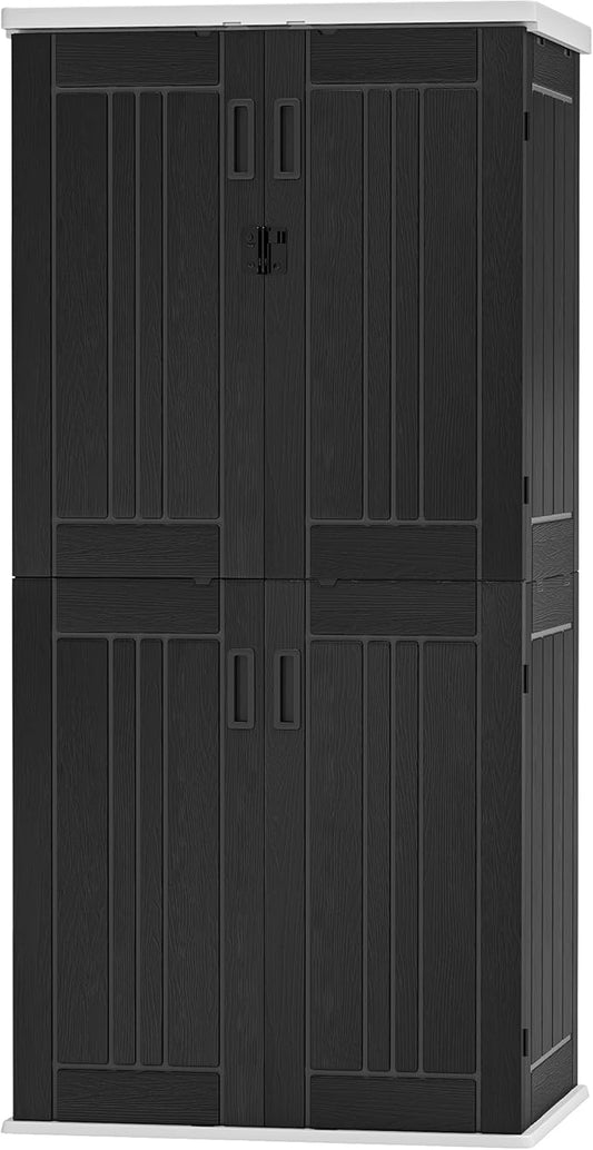 DWVO Outdoor Vertical Storage Cabinet with 4 Shelves, Waterproof Tall Plastic Storage Shed with 4 Adjustable Shelf, 30 cu. ft. Patio Tools Storage Box for Patio, Garden, Backyard, Deck, Dark Gray