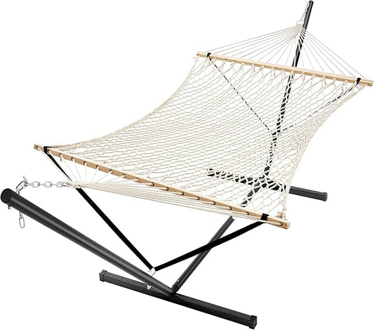 SUPERJARE 12ft Double Hammock with Stand, Soft Rope Hammock for 2 Person, Portable Heavy Duty Stand, Anti-Tip Safety Ropes, Natural Wood Spreader Bar, Outdoor Backyard Patio Camping, Beige