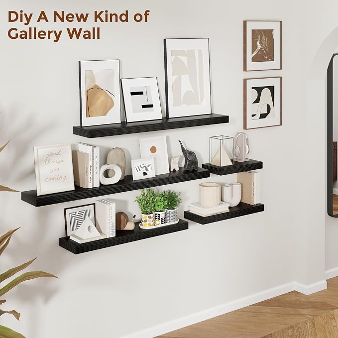 Heimlove 32 Inch Floating Shelves for Wall Black Shelves Set of 2,Wall Mounted Rustic Wood 8 Inch Deep Floating Shelf with Invisible Brackets for Bedroom Kitchen Living Room