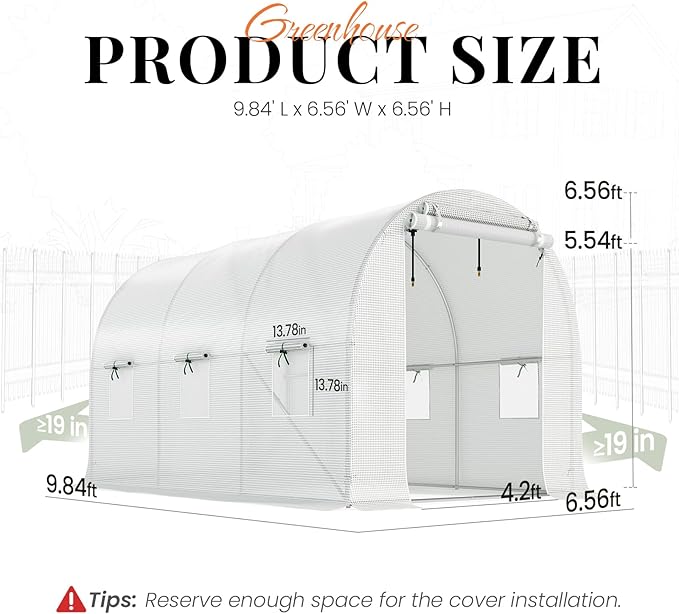 KING BIRD Premium 10x7x7 FT Greenhouse for Outdoors, Large Walk-in Heavy Duty Galvanized Steel Frame, Mesh Door Screen Window Tunnel Hoop Garden Plant Winter Hot House with Irrigation Kit, White