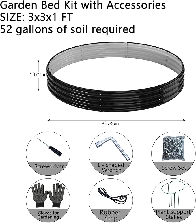 ZFHgarden Galvanized Metal Planter Round Raised Garden Bed Kit for Gardening Outdoor，3x3x1ft 2PC Grow Garden Box Raised Flower Bed，Round Galvanized Planter Outdoor Large Metal Fire Pit Ring Black