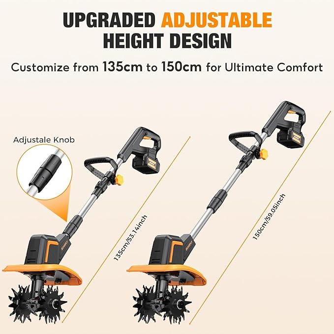 SOARFLY Upgraded Cordless Tiller for Gardening with Dual 4.0Ah Batteries, 48 Steel Tines Battery Rototiller, 9" Width 6.6" Depth Garden Tiller Cultivator for Soil, Tending & Composting (Orange)