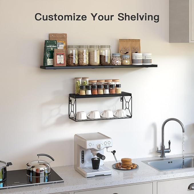 Amada Bathroom Shelves with Storage Basket, Set of 3, Black | Floating Wall Shelf for Home Organization & Wall Decor, 22 lbs Capacity per Shelf, Solid Paulownia Wood, DIY-Friendly Design