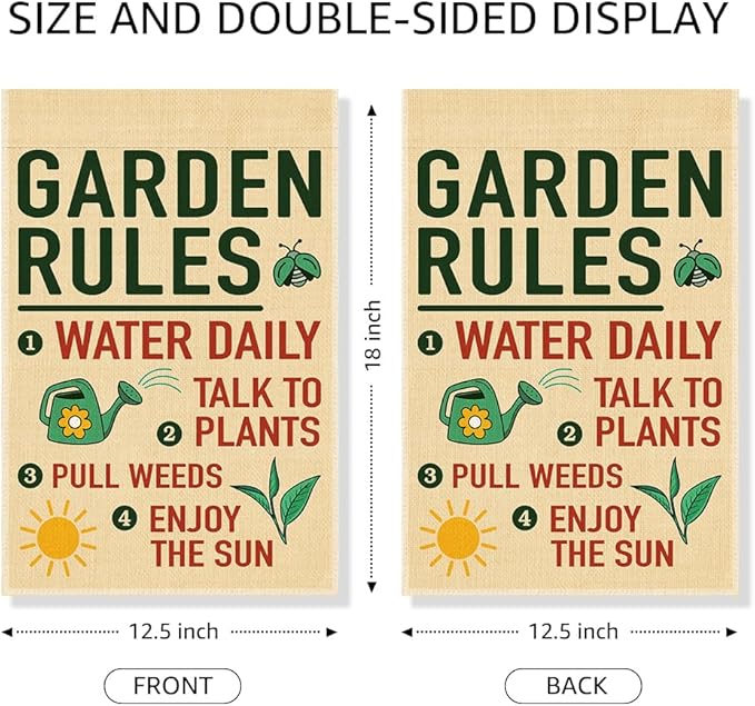 Garden Rules Double Sided Garden Flag, Funny Sping Yard Sign for Outside, Gardening Gifts for Nature Lover, Spring Shed Lawn Porch Farmhouse Patio Outdoor Decor Banner, Planting Lover Gifts