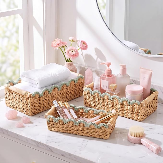 3 Pcs Paper Rope Storage Basket with Wooden Handles Scalloped Toilet Paper Organizer Bathroom Wicker Basket Organizer for Bathroom Countertop Living Room Home Decor (Sage Green)