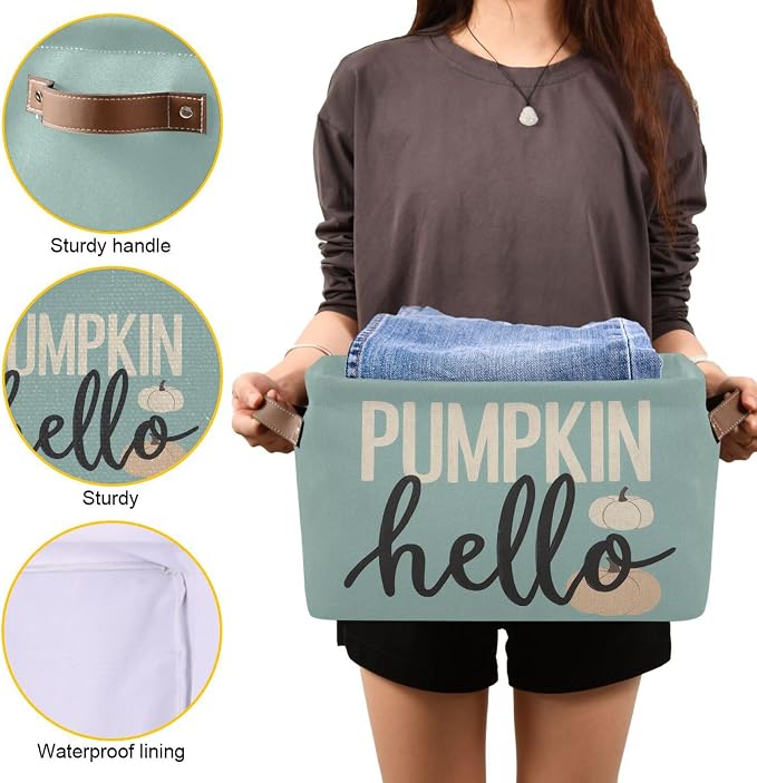 Hello Fall Pumpkin Turquoise Storage Basket with Waterproof Liner and PU Handles Autumn Aqua Blue Storage Bins Boxes 14.2" Collapsible Decorative Organizer Baskets for Bedroom Closet Office 1 Pack