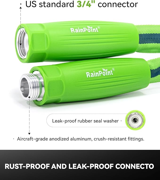 RAINPOINT Garden Hose 25FT, Up to 60% Lighter Non-Expanding Water Hose with TPE Inner Tube, Lightweight & Flexible Anti-Kink Hose, 800D Oxford Fabric, Weather-Resistant, 450PSI Burst, 3/4" Fittings