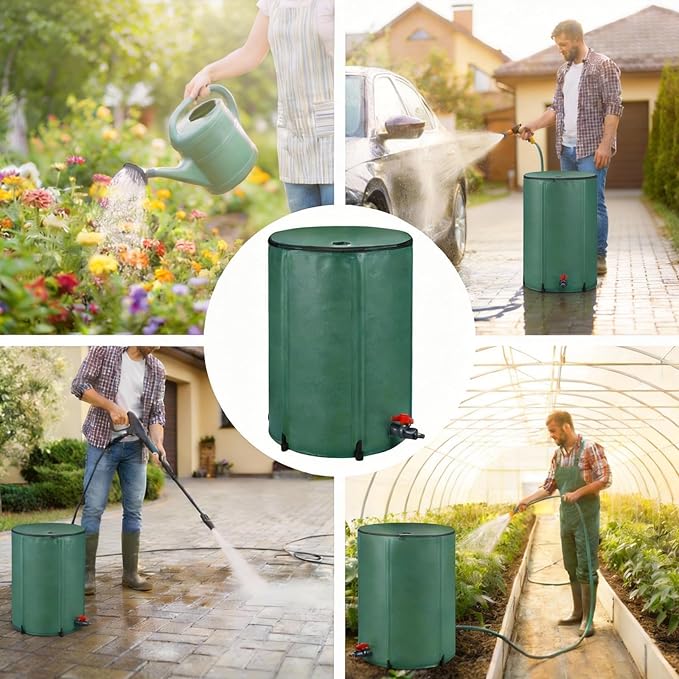 50 Gallon Collapsible Rain Barrel, Rainwater Collection Barrel with Drain Valve, Overflow Outlet and Mesh Cover, Foldable Water Storage Tank for Gutter Downspout, Garden Watering