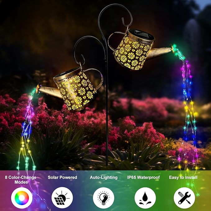 WITOROR Solar Watering Can Lights Outdoor, IP65 Waterproof Garden Decor Solar Garden Light 8 Multi-Color Changing Modes One Pole Two Lights Outdoor Decorations for Yard, Lawn, Patio