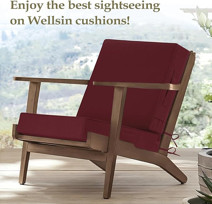 Wellsin Outdoor Deep Seat Patio Cushions, 22 x 22 Waterproof & 3-Year Fade Resistant Outdoor Cushions with Removable Covers,Ties and Handle for Chair, Sofa, Couch, Burgundy