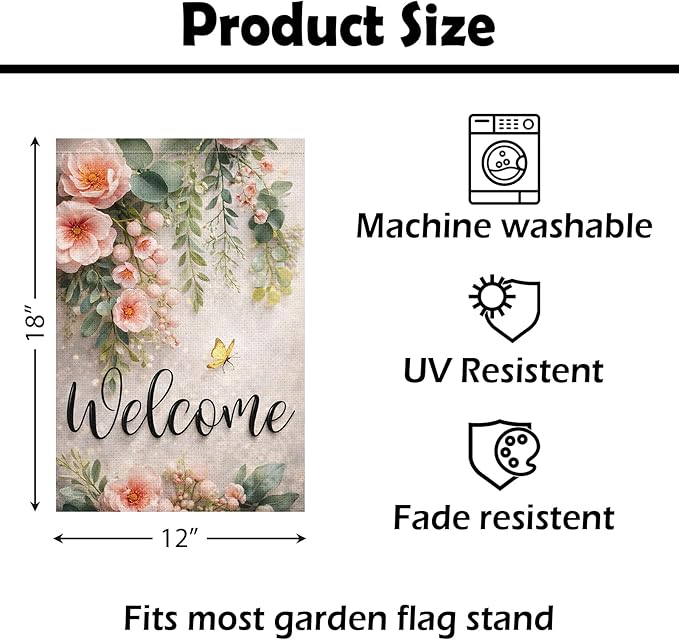 Heyfibro Spring Welcome Garden Flag 12x18 Inch Double Sided Butterfly Peony Eucalyptus Garden Flag Small Yard Flags for Outside House Farmhouse Seasonal Spring Outdoor Decorations