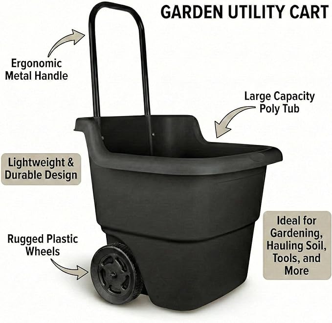 15-Gallon Rolling Garden Cart & Utility Wagon – Lightweight Resin Yard Waste Bin with Telescoping Handle & 7-Inch Wheels – Portable Outdoor Organizer for Lawn, Mulch, Firewood (Black)