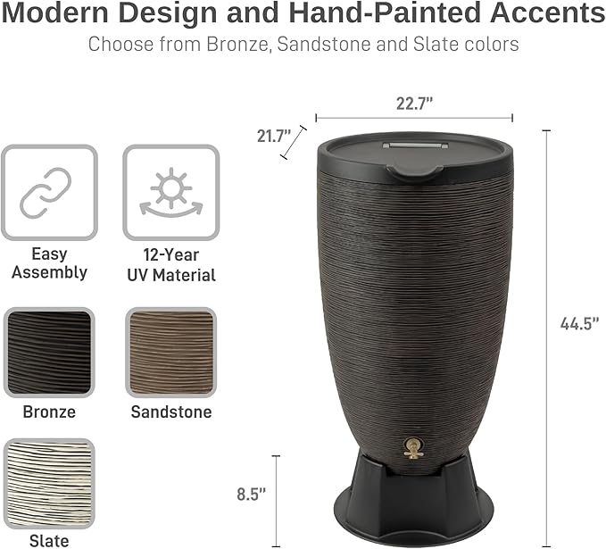 RTS Home Accents 50-Gallon Newport Rain Barrel with Stand and Removable Lid, Bronze Color