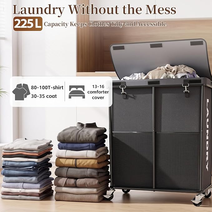 Laundry Hamper with Wheels and Lid, 225L Large Rolling Laundry Basket Gray | Heavy Duty Clothes Organizer, Sturdy Metal Frame, Lockable Swivel Casters, Removable Bag, For Bedroom, Bathroom, Laundry Room