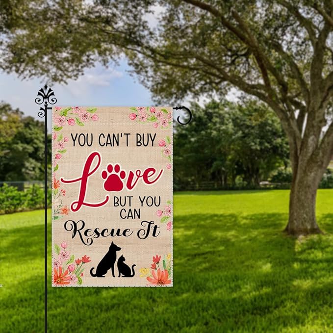 Hafhue You Can't Buy Love But You Can Rescue It Garden Flag, 12 x 18 Inch Double Sided Pet Rescue Yard Garden Lawn Patio Decor Flag, Adoption Awareness Outdoor Banner for Pet Lover Animal Rescuer