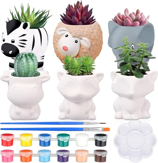 Beeveer 6 Sets Paint Your Own Animal Shaped Succulent Planter Spring Mini Unpainted Flower Pots Cartoon DIY Paintable Kit for Kids Classroom Craft Project Activity Birthday Gift