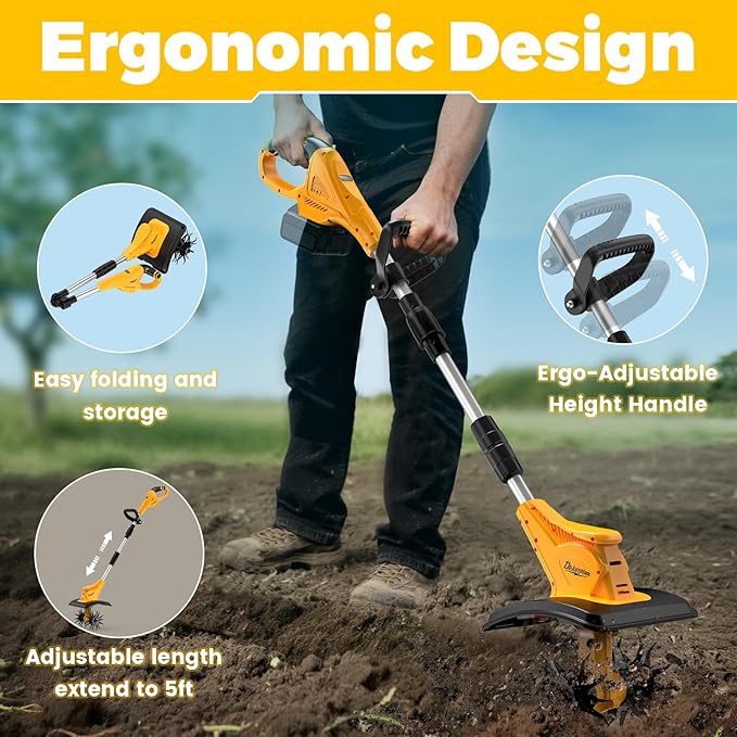 Cordless Electric Garden Tiller Cultivator Compatible with Dewalt 20V Battery(Tool Only), Folding Electric Rototiller Features 40 Steel Tines 310RPM, Yellow
