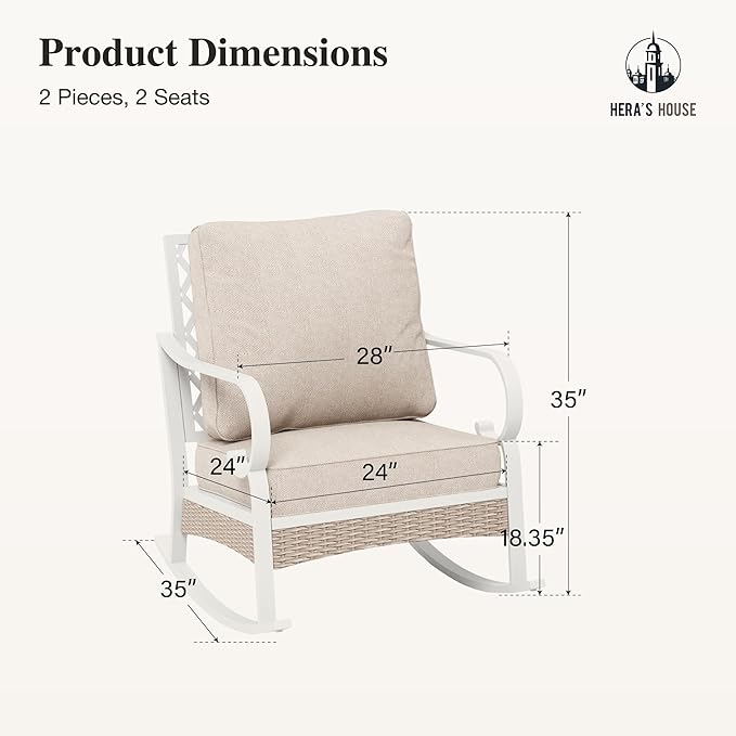 HERA'S HOUSE Outdoor Rocking Chairs Set of 2 with Cushions, High Back Patio Metal Rocker, All Weather Garden Furniture for Lawn, Backyard, Deck, Beige