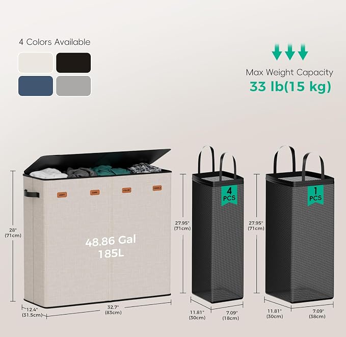 185L Laundry Hamper 4 Section with Lid & Removable Bags | Collapsible laundry basket organizer for laundry room, bedroom & dorm with 5 removable washing bags