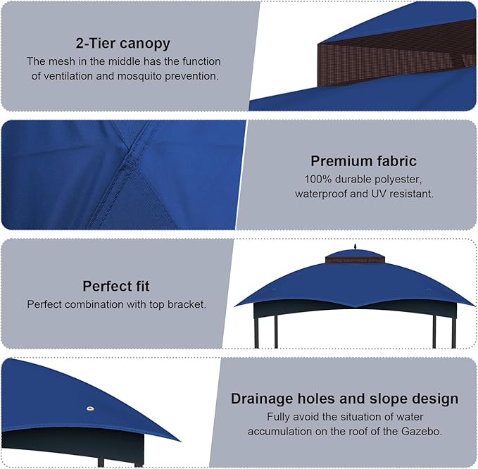 10x12 Gazebo Canopy Replacement Top Cover, Double Tiered Waterproof Canopy Roof for Lowe's Allen Roth Gazebo #GF-12S004B-1(Blue)