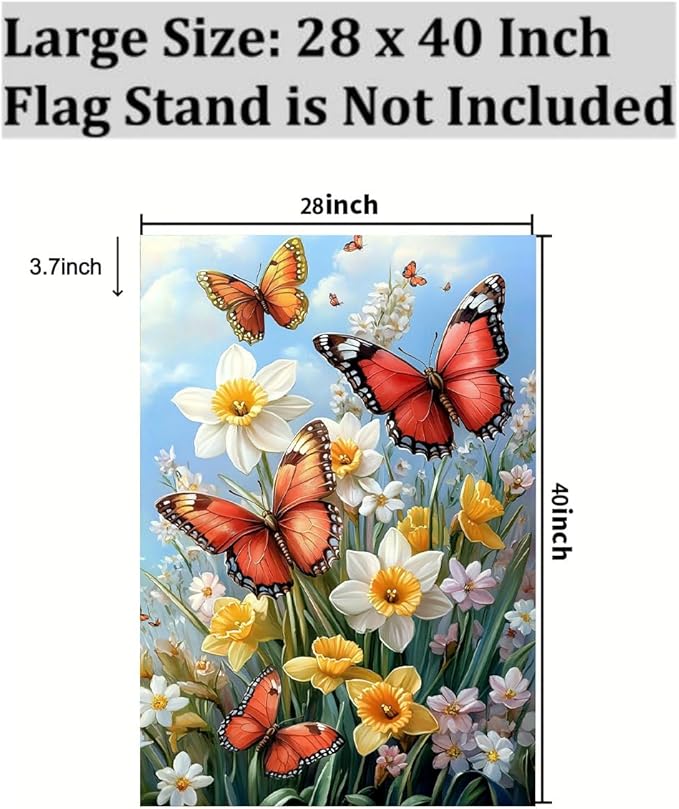 Large Spring Summer Garden Flags for Outside 28 x 40 Double Sided, Burlap Spring Summer House Flag, Large Outdoor Yard Flags Butterfly Daffodil Floral Decorations Farmhouse Patio Garden Decor