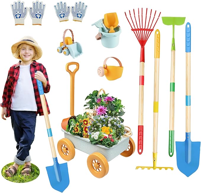 Mostop Kids Gardening Tools Outdoor Toys with Wheelbarrow, Kids Wheelbarrow Outside Toys for Kids Age 4-8, Educational STEM Learning Pretend Toys Outdoor Indoor for Toddlers Kids Boys Girls