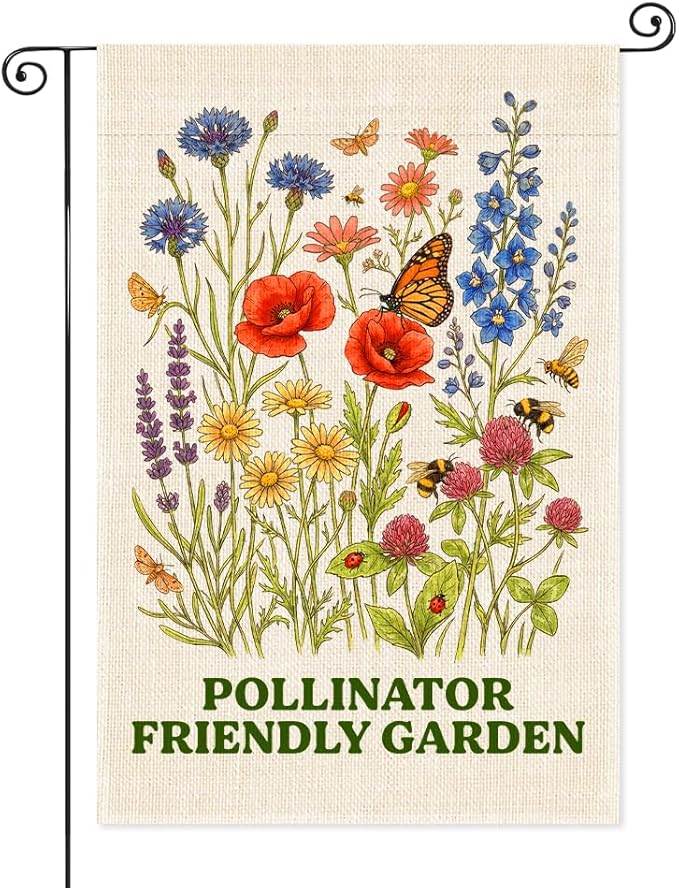 Pollinator Friendly Garden Flags for Outside, Spring Pollinator Garden Flag, Butterfly Floral House Banner for Nature Lover, Flower Yard Sign Front Porch Decor, Housewarming Gifts for Family
