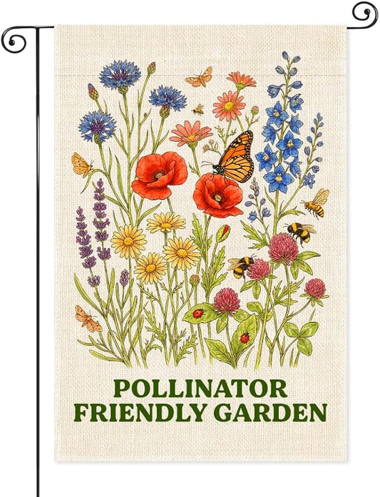 Pollinator Friendly Garden Flags for Outside, Spring Pollinator Garden Flag, Butterfly Floral House Banner for Nature Lover, Flower Yard Sign Front Porch Decor, Housewarming Gifts for Family