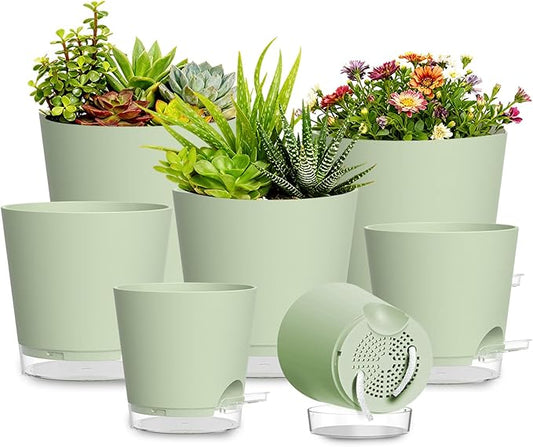 Plant Pots 4/5/5.5/6/6.5/7/8 Inch Self Watering Pots, 7 Pack Plastic Planters with Drainage Holes and Clear Saucers,Plastic Flower Pots,Nursery Planting Pot for Indoor Out Door Plants (Green)