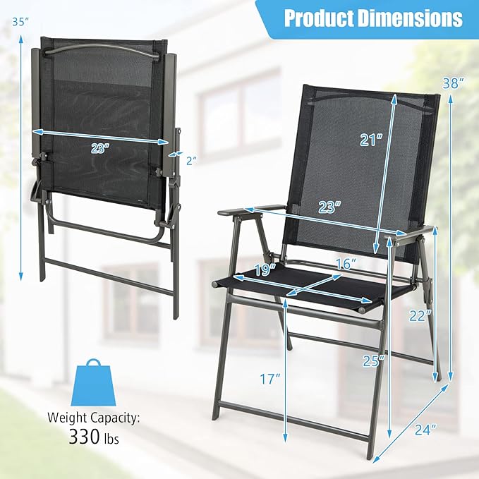Tangkula Set of 4 Patio Folding Chairs, High Back Dining Chairs with Weather-Resistant Fabric, No Assembly, Outdoor Portable Metal Lawn Chairs with Armrests & Footrest for Garden