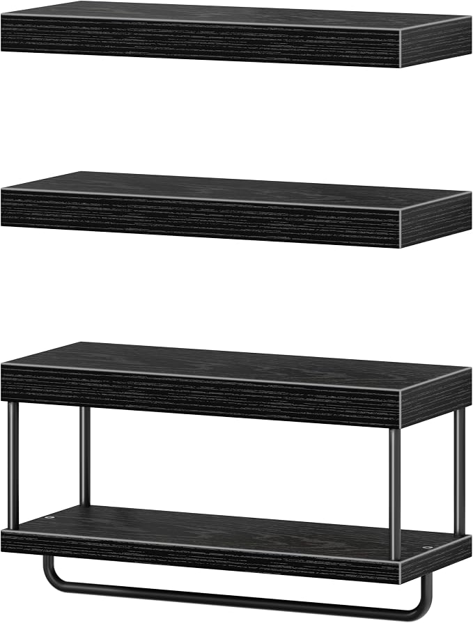 QEEIG Bathroom Floating Shelves Over Toilet - Wall Mounted Shelf Toilet Paper Storage Farmhouse 16 inch Set of 3, Black (027-40B3)