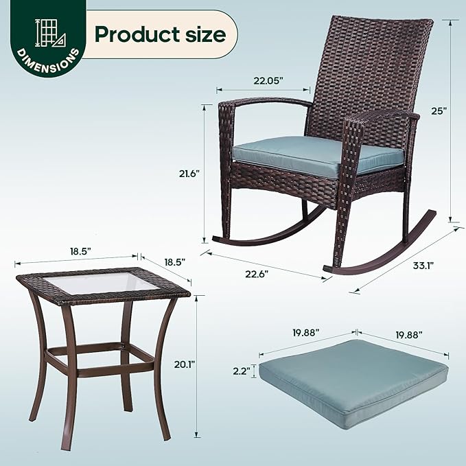 Niubya 3 Piece Wicker Rocking Chair Patio Furniture Sets, Outdoor Wicker Bistro Rattan Chair Conversation Sets with Cushions and Coffee Table, Grey and Brown