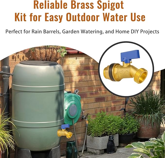 Angry Pony G 1/2 to GHT 3/4 Brass Rain Barrel Spigot Kit, Bucket Spigots with Bulkhead Fitting For 55 Gallon Barrels,Spigot for 5 Gallon Bucket, Water Spout For Rain Water Collection Barrels