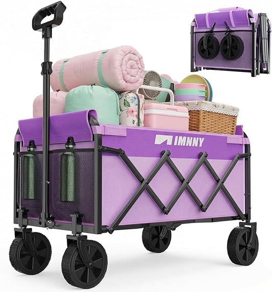 Purple Collapsible Wagon Cart, Lightweight Folding Utility Cart with Wheels, 220lbs Capacity Portable Grocery Cart for Sporting Events, Garden, Shopping (Purple)