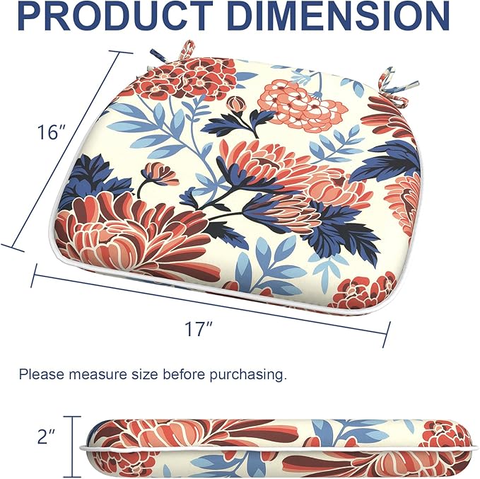 Outdoor 16"x17" Chair Pads Set of 4, Water Resistant Patio Chair Cushions with Ties, Seat Cushions for Home Garden Furniture Decoration, Red Chrysanthemum