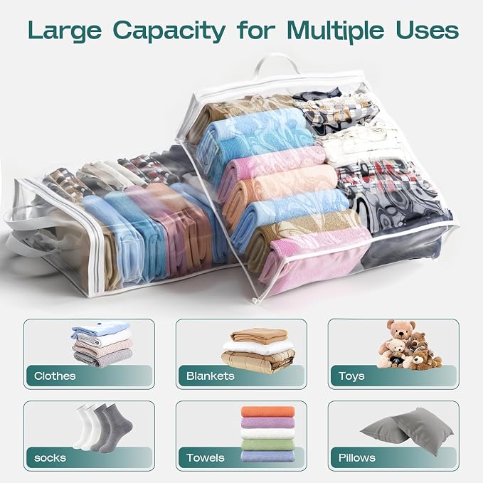 10PACK Clear Zippered Storage Bags for Clothes, 22L Plastic Clothes and Under-Bed Storage Organizers, Blanket Storage Bags for Bedding, Linen, Blankets, Comforters, Clothing & Toys (White)