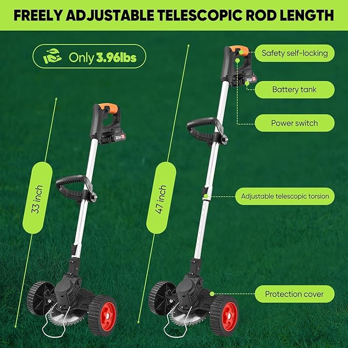 SakerPlus Wireless Weed Cutter, 24V Cordless Electric Grass Trimmer Weed Eater Wacker with 2 Batteries, 3-in-1 Lightweight Brush Cutter/Lawn Mower/Edger with Wheels & for Lawn, Garden & Yard(Black)